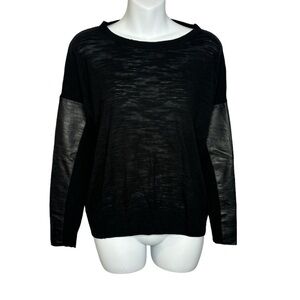 Milly Black Wool Blend Long Sleeve Shirt with Lambskin Partial Sleeves Size P